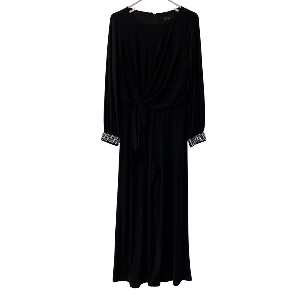 MSK Womens Black Wide Leg Jumpsuit Embellished Pearl Rhinestone Cuff Front Tie L